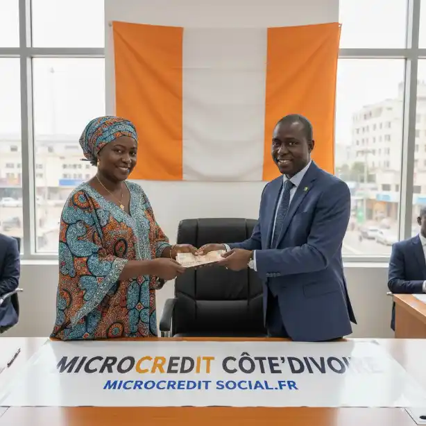 Vendeuse de pagnes ivoirienne recevant un conseiller de microfinance au marché