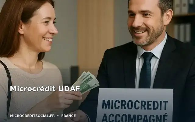 Conseillère d'une UDAF étudiant le budget d'un couple avant un microcrédit