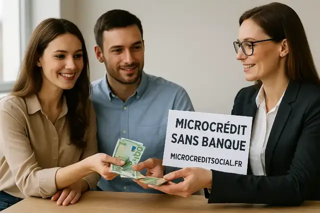 Guichet d'un établissement de prêt solidaire accueillant une famille