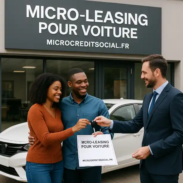 Petite voiture électrique en recharge devant un garage associatif